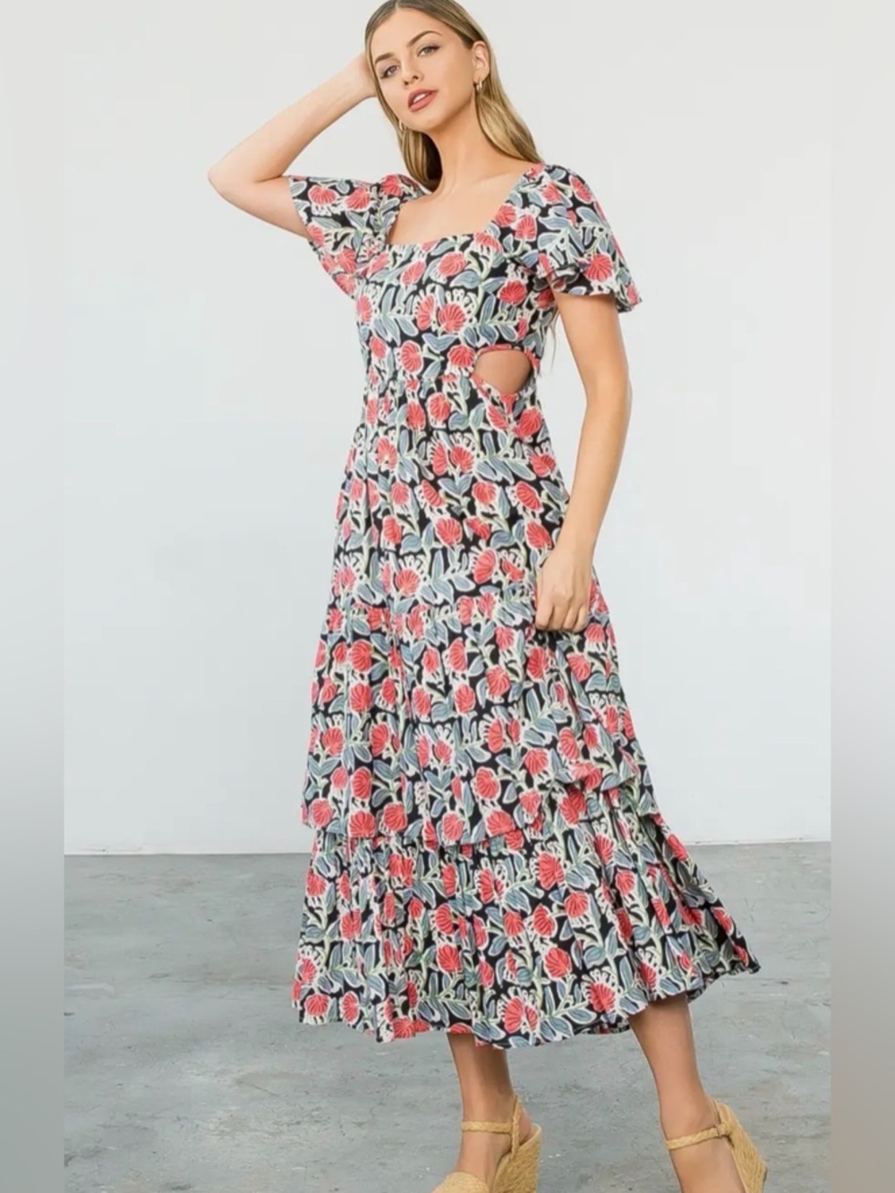 THML Ivory Floral Tiered Maxi Dress with Multicolor Blooms